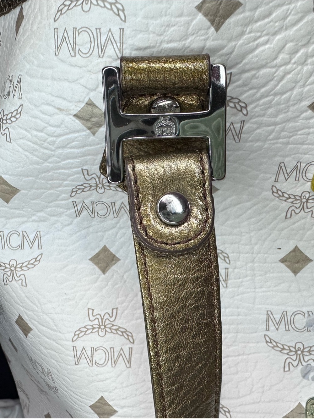 MCM White Visetos Tote with Gold Trim and Multicolor Stripe - Picture 3 of 15